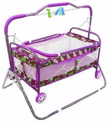 Smiley Bell Purple CRADLE jhula swing STAINLESS with wheels and net Bassinet