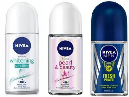 NIVEA Deodorant Roll-On Combo , Whitening sensitive , Pearl & Beauty , Fresh Power , 50 Ml Each Deodorant Roll-on - For Men & Women