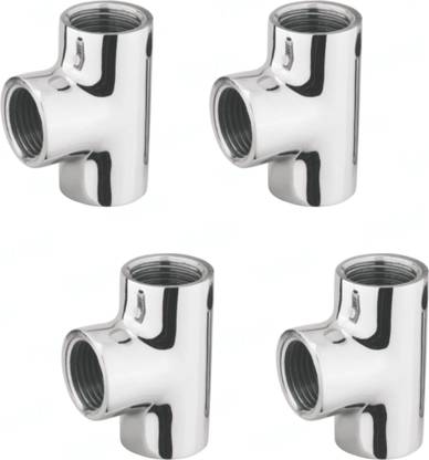 RUHE Full Brass 2 Inch TEE Connector For Pipe Fittings Set Of 4 (Chrome Finish) 3-Way Tee Pipe Joint
