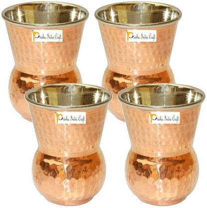Prisha India Craft (Pack of 4) Steel Copper Muglai Matka Glass Tumbler Hammered Design, Capacity 270 ML, Set of 4 Glass Set Water/Juice Glass