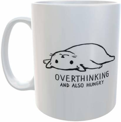 YUKI Overthinking and Also Hungry Printed with A Lazy Cute Cat On Ceramic Coffee 1 Piece Multicolor 350 ml Ceramic Coffee Mug