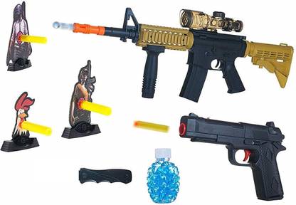 IndusBay AK47 M16 2 in 1 Shooting Mode Gun Toys Set with M4 Model, Police Pistol Toy , Toy Scope, Water and Soft Foam Bullets and Combat Cards Target Shooting Game for Kids , MultiColor Guns & Darts