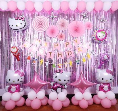 HERDEM 1 happy birthday banner, 3 kitty foil balloon, 2 pink reusable frill curtain, 2 silver star, 2 pink star, 15 pink balloon, 15 white balloon
