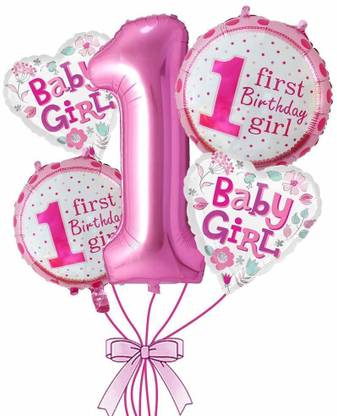 ZYOZI Printed 1st Birthday Foil Balloons Decoration for Baby Girl /,First Year Bday Supplies Decorations /1st Birthday Girl Decorations, Baby Girl First Birthday Decorations Supplies Pack of 5 (Number 1, Star and Round Foil Balloons ) Balloon