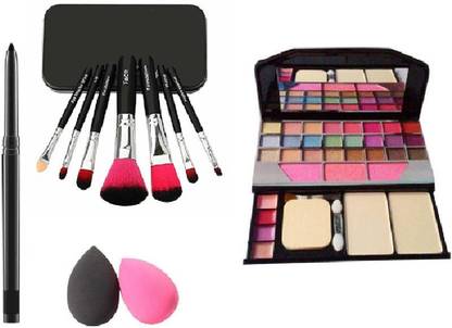 Dhaniji Waterproof Kajal,2 Washable Makeup Sponge Beauty Blender Puff wit Set of 7 BLACK Makeup Brushes include storage box& All in One Best Makeup kit 6155 (Eyeshadow,Blusher,Compact,Lip Gloss