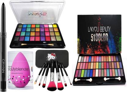 Crynn Smudge Proof Waterproof Rosedale Kajal & Professional Set of 7 Makeup Brush & Mars 36 Velvet Eyeshadow Palette & Powdered Blender Sponge Puff & Lakyou 51 Professional Glam Perfect Eyeshadow Palette