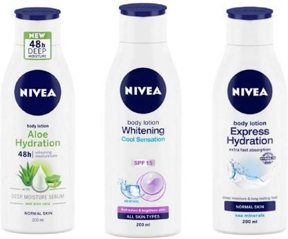 NIVEA Body Lotion Aloe Hydration , Whitening Cool Sensation , Express Hydration , 200 Ml Each - Pack of 3