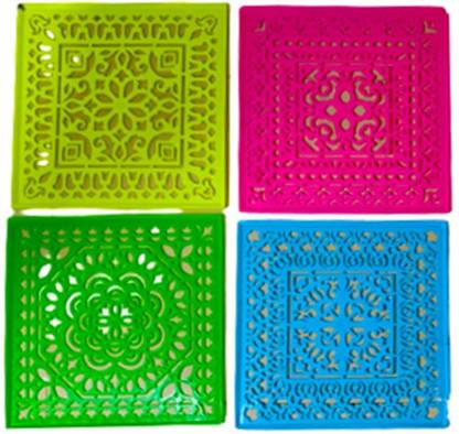 Dms Retail Different Design Square Rangoli Stencil for Floor Decoration Set of 4(10 Inches Big Size) with Black Rangoli Color Powder for Border 200 Grams Rangoli Stencil