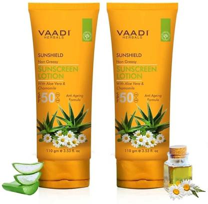 VAADI HERBALS Sunscreen - SPF 50 V_di Sunscreen Lotion SPF-50 with Aloe Vera & Chamomile 110ml X 2 pack - SPF 50 (220 g)