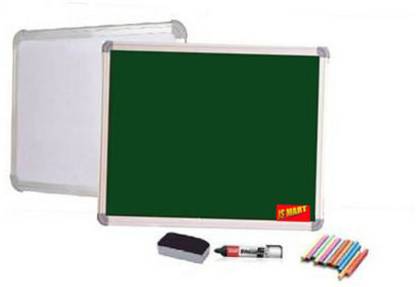 JS MART Green chalk board + Whiteboard reversible 1.5' foot x 2' foot(10 Chalk, Duster and Marker) Green, White board