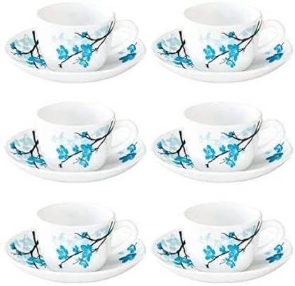 BOROSIL Pack of 12 Opalware Mimosa (LH) Cup and Saucer Set, 140ml, 12-Pieces, White and Blue