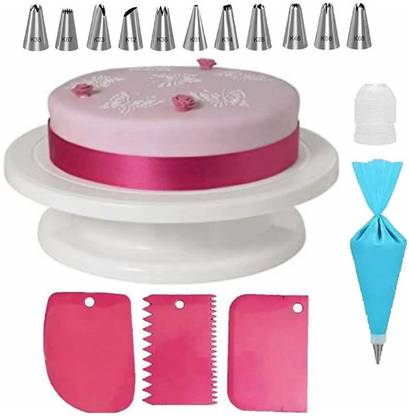 H&M Store Cake Decorating Kits Supplies with 1pc Cake Turntable + 12 pc Cake Decorating nozzles with 1pc Icing Bag + 3pc Cake Decor Fondant/Scraper, Baking Combo, Kitchen Tool Set, Cake Making Material (1pc Cake Rotating Table, 3 Scraper, 12 Cake Decorating Tips) (Pack of 17) Kitchen Tool Set