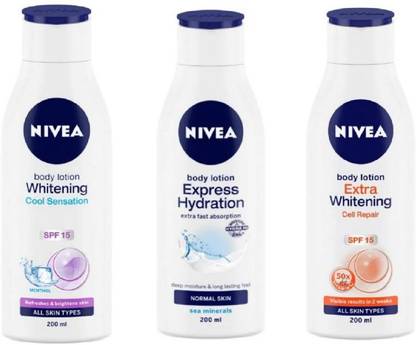 NIVEA Body Lotion Whitening Cool Sensition , Express Hydration , Extra Whitening , 200 Ml Each - Pack of 3
