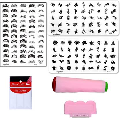 रॉयलकर्ट Nail Art Combo Kit With 2pcs Small Stamping Image Plates (To-08,16), 1pc Large Stamping Image Plate(xy20) & French Manicure Finger Tip Guide