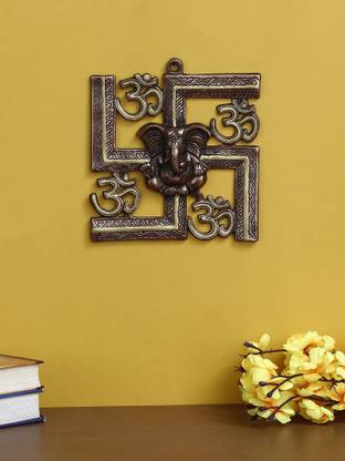eCraftIndia Lord Ganesha on Om Swastik Metal Silver Wall Hanging Decorative Showpiece  -  22 cm