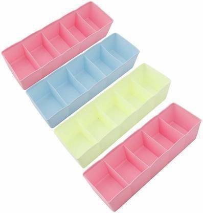 RABBONIX Plastic Socks Rack Undergarments Innerwear Cosmetic Makeup Drawer Organiser Partition Grids Storage Box Multicolour Set of 4 Storage Box