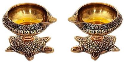 Dalvkot Kuber Diya Oil Lamp with Turtle Stand for Pooja Room and Diwali Set of 2 Brass (Pack of 2) Table Diya Set
