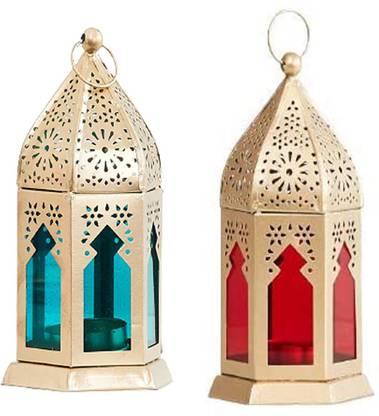 Designer International Designer International Decorative Moksha Hanging Lantern/Lamp with t-Light Candle, SET OF 2 GOLD RED AND BLUE GLASS Red, Blue Iron Hanging Lantern