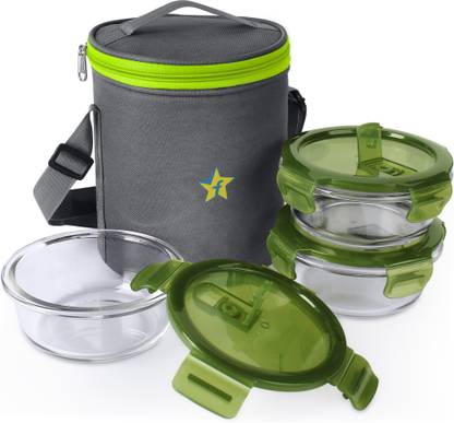 SMARTBUY H28 Borosilicate Glass Lunch Box - Microwavable, AirVent Lid, Premium Carry Bag, Round Shape 3 Containers Lunch Box