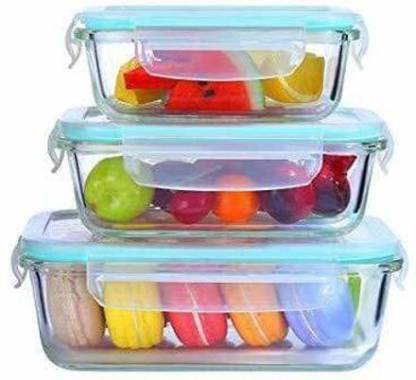 NMS TRADERS Glass Food Storage Container with Airtight Lid , Glass Rectangular 3 Containers Lunch Box