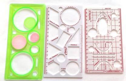 JOEJOE Hyperbola Parabola Template Drafting Engineering, Architecture Rulers"with" 90 Degree School Geometry Stencil of 14 Different Shapes Ruler Attached with"Gift of Free Design Ruler" (Set of 3) Ruler