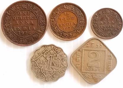 MANMAI COINS 5 DIFFERENT COINS SET - BRITISH INDIA - KING GEORGE V - 2,1,1/4 & 1/12 ANNA & 1/2 PICE Medieval Coin Collection