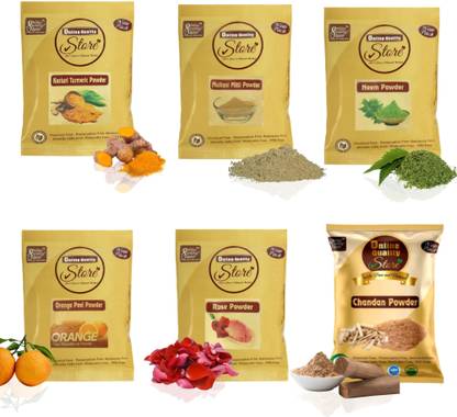 Online Quality Store Combo Face Pack for Glowing Skin & Pimples(Multani Mitti Powder (50 g) , Chandan Powder (50 g), Orange Peel Powder (50 g), Rose Powder (50 g), Neem Powder (50 g) and Kasturi Haldi Powder (50 g) - All in Separate Packing - Total (300 g)