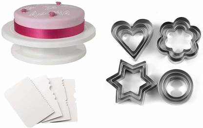 H&M Store Revolving Cake Turn Table OR Cake Decorating Stand - 28cm + 3pc scraper - Multi Color + 12 pc Stainless Steel Cookie Cutter Set, Cake Combo, Baking Combo, Kitchen Tool Set (Pack of 16) Kitchen Tool Set