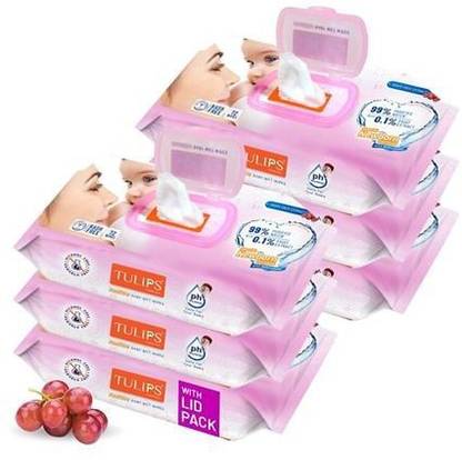 Tulips Baby Wet Wipes (72 Wipes x 6 Packs) for Gentle Cleaning/ Moisturising, Rash Free, 99% Purified Water with Grapefruit Extracts [lid pack]