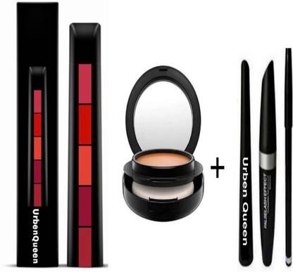 URBEN QUEEN FAB 5 ( 5 IN 1 ) LIPSTICK PLUS EYEBROW PENCIL BLACK, EYELINER, MASCARA (3IN1) PLUS FACE COMPACT POWDER