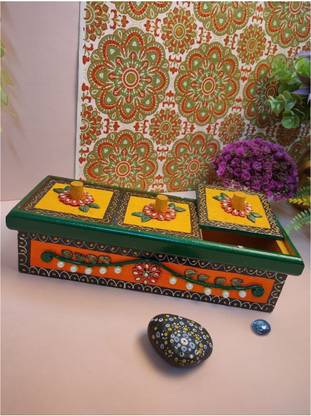 Arrakasta Crafts 3 Partition Handmade Mdf Kundan Rajwada Colourful Designer Traditional Dry Fruit Box For Dining Table Top Decor Multi Function Snacks Serving Box Gift Box Paper Mache Decorative Platter