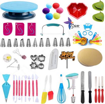 SCIVER Cake Decoration tools combo for cake baking and making at home, kitchen, store and bakery. Cake turn table, nozzle set, scrapper, silicon cup, slicer, pinata, oven meat, measuring cup, scissor, cookie cutter, smoother, happy birthday topper, cake board, fondant tools, spatula brush, whisk, power free hand blender, various knifes Kitchen Tool Set Kitchen Tool Set