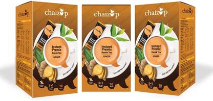 chaizup Instant Ginger Premix Tea - Pack of 3 X 10 Sachets of Karak Ready to Drink Chai with Ginger and Low Sugar, hot instant tea anytime anywhere. Easy to Make Tea. Authentic India Tea. Assam Tea with Aroma and Taste. Ginger Instant Tea Box