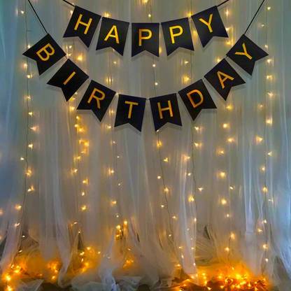 Party Propz Happy Birthday Decoration Kit -2Pcs Black Banner with Led Light Birthday Decorations Items for Bday Lights Combo Pack Set, Husband,Wife, First, 2nd,30th,40th,50th Theme