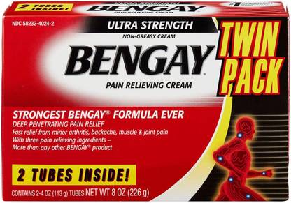 Bengay Ultra Strength Topical Pain Relief Cream Twin Pack (113g X 2), Non-Greasy Topical Analgesic for Minor Arthritis, Muscle, Joint, and Back Pain, Camphor, Menthol & Methyl Salicylate, 8 oz (MADE IN USA) Cream