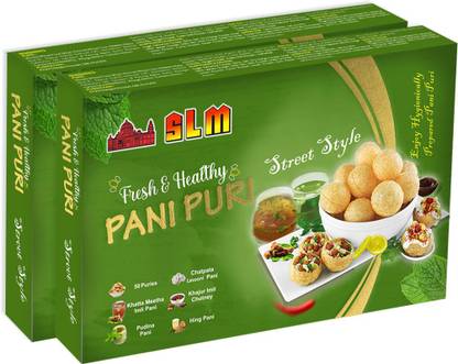 SLM Spices Pani Puri Golgappe Puchka kit ( Pack of 2 ) with 50Pcs Puris and 4 Different Flavours Pudhina Pani, Hing Pani, Lasooni Pani, Khatha Meetha Imli Pani and khajur Imli Chutney 250g Each Combo Fryums (Pack of 2)
