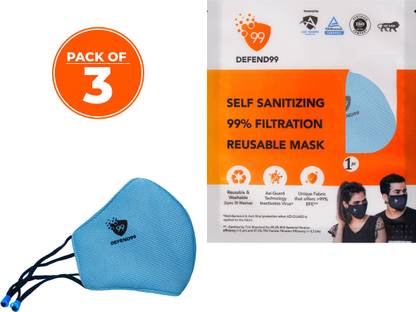 DEFEND99 3 Layer Reusable Washable Adjustable Face Mask For Men Women – Sky Blue - Pack of 3 Cloth Mask