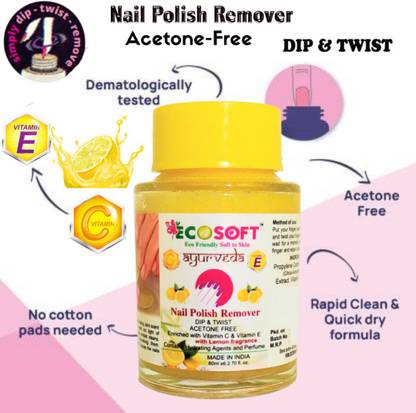 ECOSOFT AYURVEDA Nail Polish Remover! Dip & Twist Instant! Remover - Acetone Free, Enriched with Vitamin C or Vitamin E with Lemon Fragrance. Contains Hydrating Agents & Perfume.