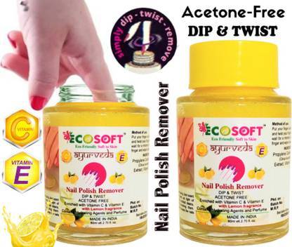 ECOSOFT AYURVEDA Ultimate Premium Dip & Twist Instant Nail Polish Remover Nail Polish Remover - Acetone Free, Enriched with Vitamin C or Vitamin E with Lemon Fragrance.Contains Hydrating Agents & Perfume. ( 2 PACK )