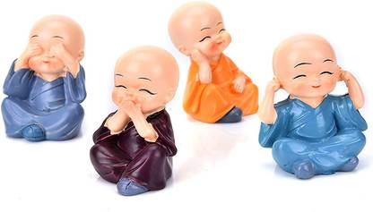 Hoodinter Polyresin Baby Buddha Monk Idols 4 Piece Set For Car Dashboard & Home Décor Decorative Showpiece  -  5 cm