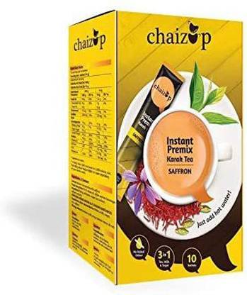 chaizup Instant Saffron Premix Tea - 10 Sachets of Karak Ready to Drink Chai with Saffron and Low Sugar, hot instant tea anytime anywhere. Easy to Make Tea. Authentic India Tea. Assam Tea with Aroma and Taste. Instant Tea Box
