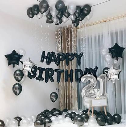 Prihit Twenty First Happy Birthday Decorations items kit (Black, Silver, Pack of 49)