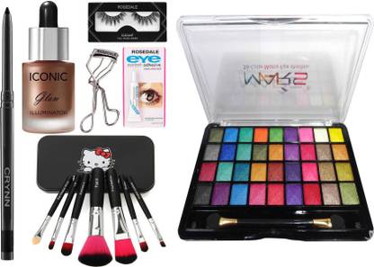 Crynn Smudge Proof Waterproof Rosedale Kajal & Studio Professional Iconic Glow & Illuminator Highlighter & Professional 7 Makeup Brush Set & False Eyelash Pair, Glue & Mars 36 Velvet Eyeshadow Palette