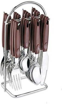 SEAHAVEN Cutlery Set for Dining Table with Stand - 24 Pcs (Brown) (Contains: 6 Dinner Spoons, 6 Dinner Forks, 6 Dinner Knives & 6 Tea Spoons + 1 Stand) Steel Cutlery Set