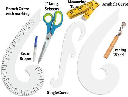Upyukat Khyati Tailoring kit/ Sewing Kit/ Tailoring curves/ scales/ Fashion Designing Tools- 1 pc of French curve with Marking, 1 pc of French Curve without Marking ,1 pc of Single Curve, 1 pc of Tracing Wheel, 1 pc of Premium Quality Scissors (9 inches long), 1 pc of Seam Ripper and 1 pc of measuring tape Sewing Kit