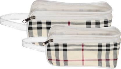 KUBER INDUSTRIES Check Design Heavy Duty Clear Travel Toiletry Makeup Bags Transparent Shaving Bag Water Resistant Cosmetic Bag Organizer Pouch with Zipper and Handle-Set of 2 (Cream) Travel Toiletry Kit