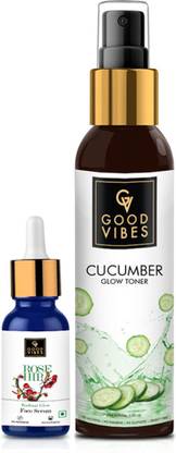 GOOD VIBES Radiant Glow Face Serum - Rose Hip and Toner - Cucumber Combo