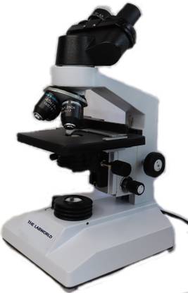 THE LABWORLD Binocular microscope laboratory inclined at 45 degrees and rotatable 360 degrees with eyepieces and objectives for optics experiment,thermocol pack good quality low price and 100 blank slides