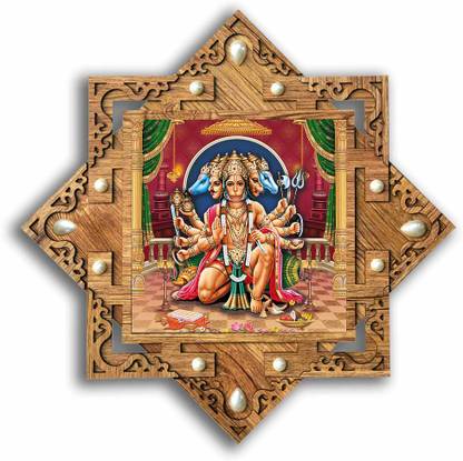 Poster N Frames Poster And Frame Star Shaped Panch Mukhi Hanuman Wooden Photo Frame | D�cor Item Digital Reprint 16.5 inch x 16.5 inch Painting