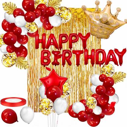 Party Propz Red and Golden Happy Birthday Decoration Combo with Banner, Balloons, Foil Curtain, Crown Foil 48pcs for Birthday Party Decoration Kids, Girl, Boys, Husband, Wife, Girl Friend, Adult.
